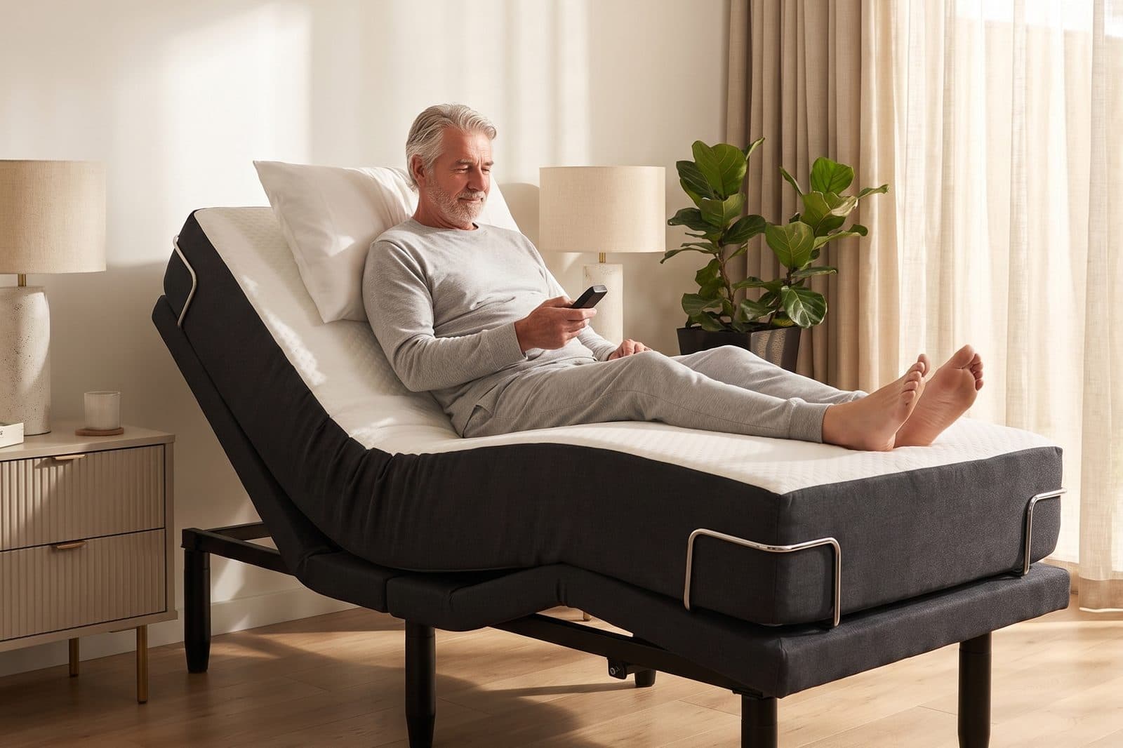 Man relaxing on a Sophie electric adjustable bed with the head raised, wireless remote in hand