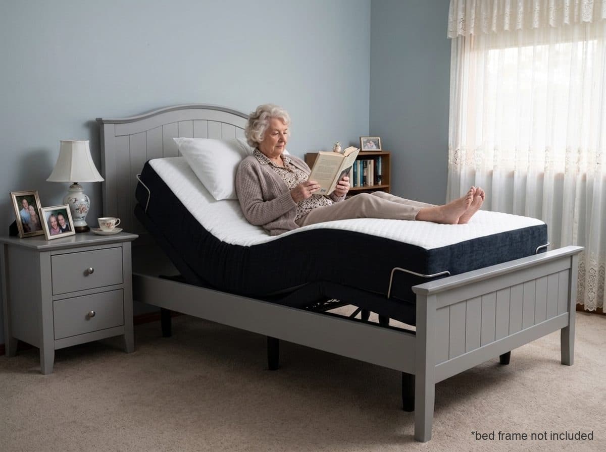 Woman reading on a Sophie adjustable bed fitted inside a grey timber bed frame (frame not included)