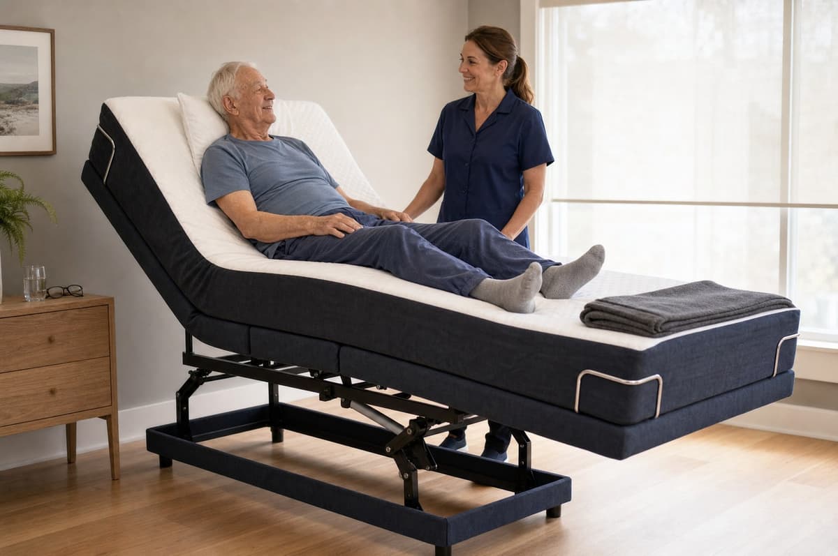 A carer standing upright beside a Sophie HiLo Adjustable Bed raised to working height in a Brisbane bedroom