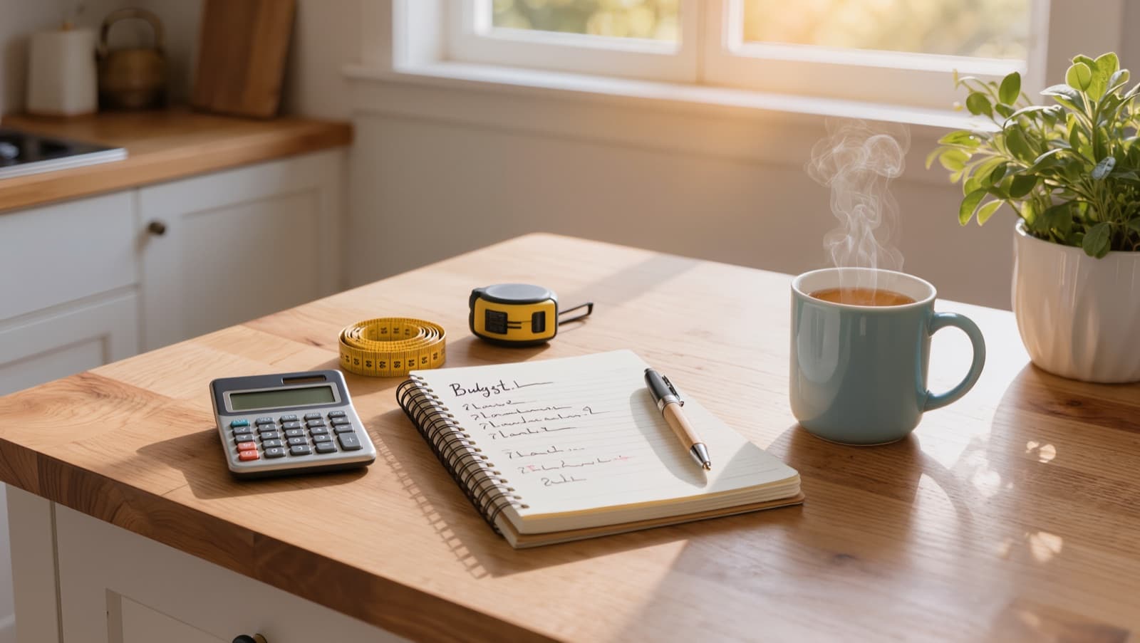 A notepad with budget notes, a calculator and a tape measure on a kitchen table, ready for planning a purchase