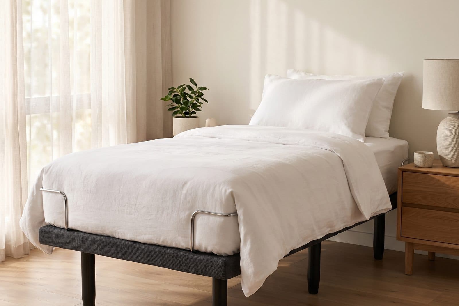 Sophie adjustable bed made up in a bright, styled bedroom
