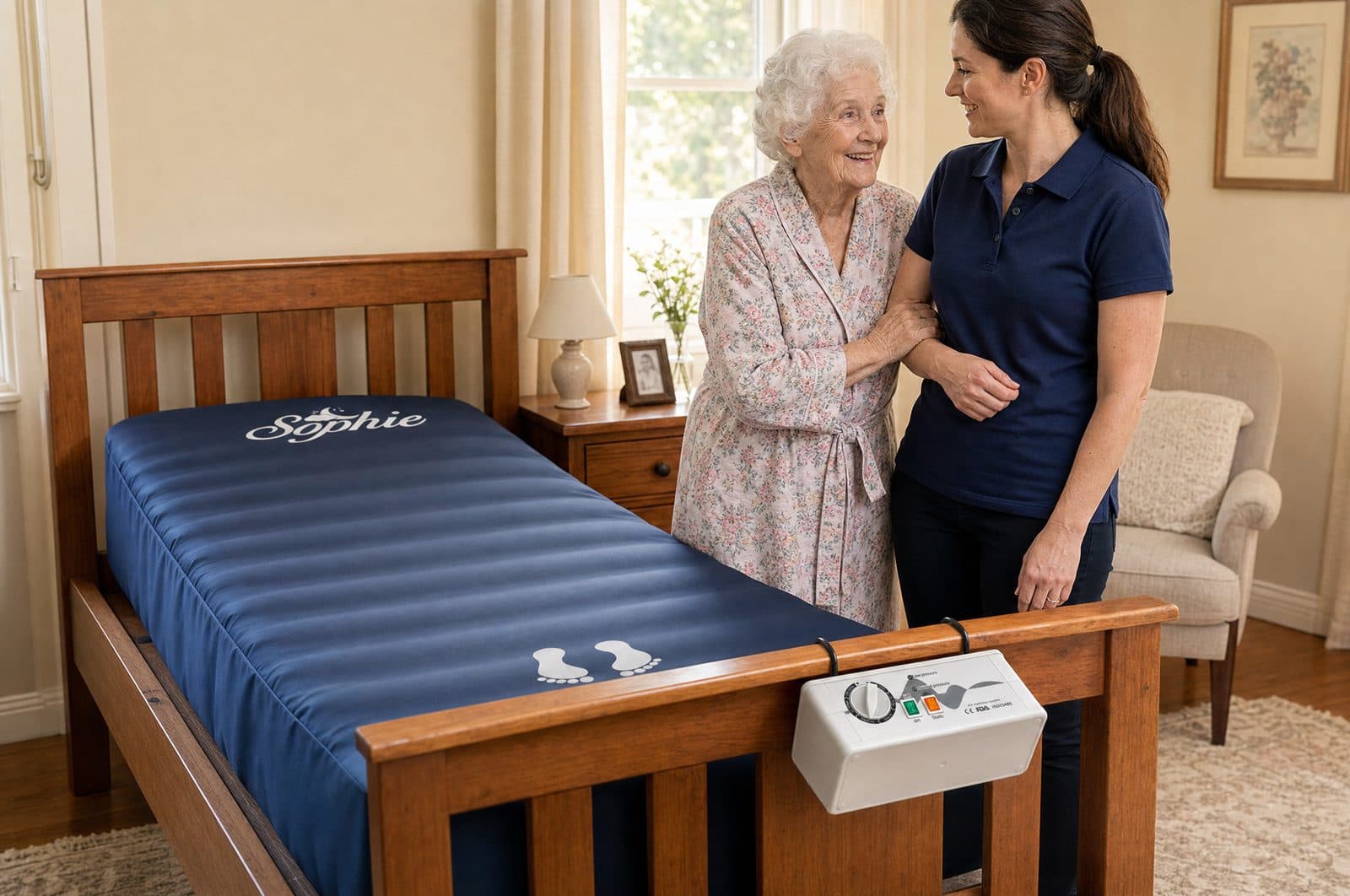 A carer helping an older woman beside a Sophie alternating air mattress and pump