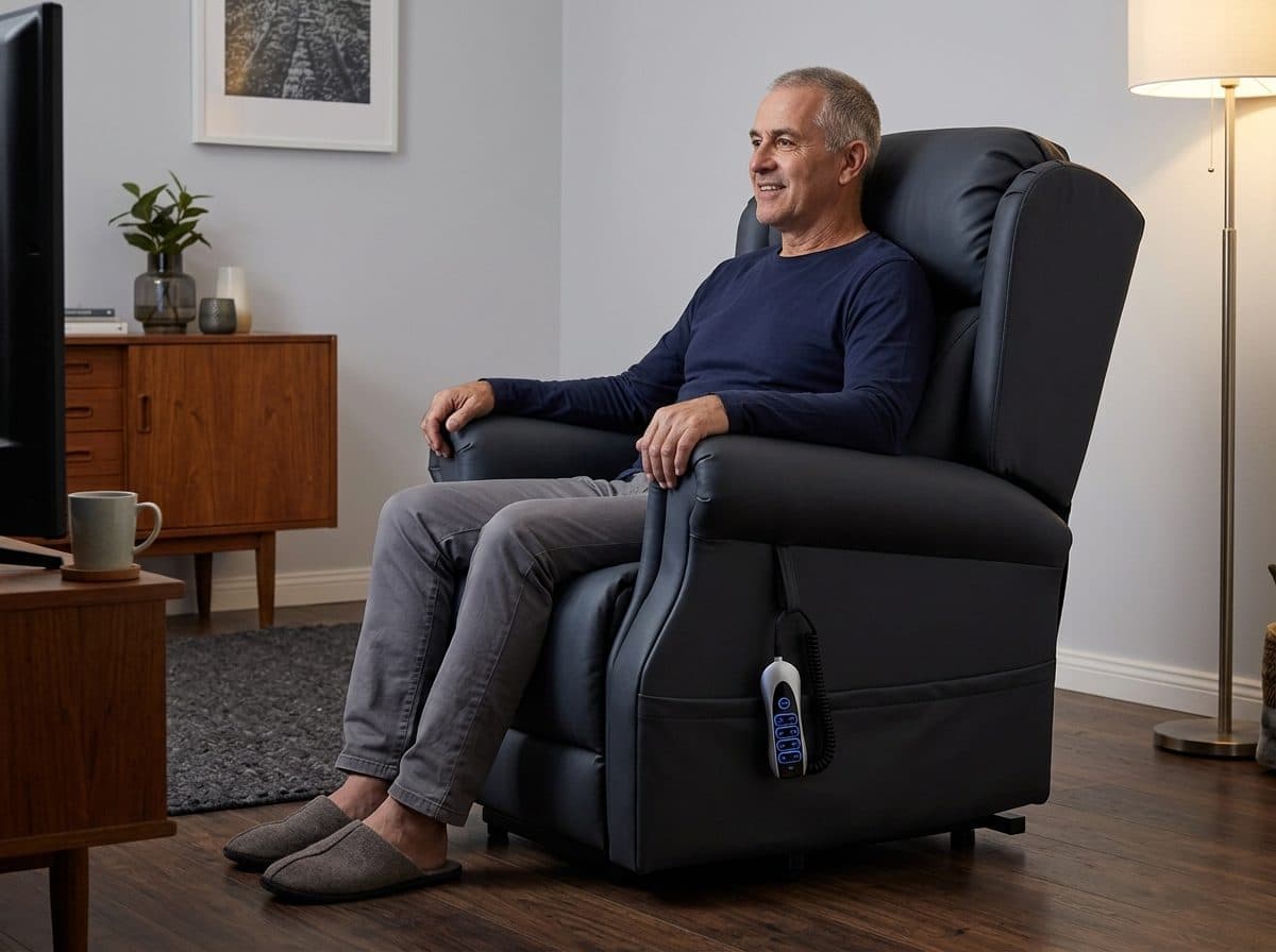 Man seated in a Sophie Embrace electric lift recliner chair in charcoal fabric