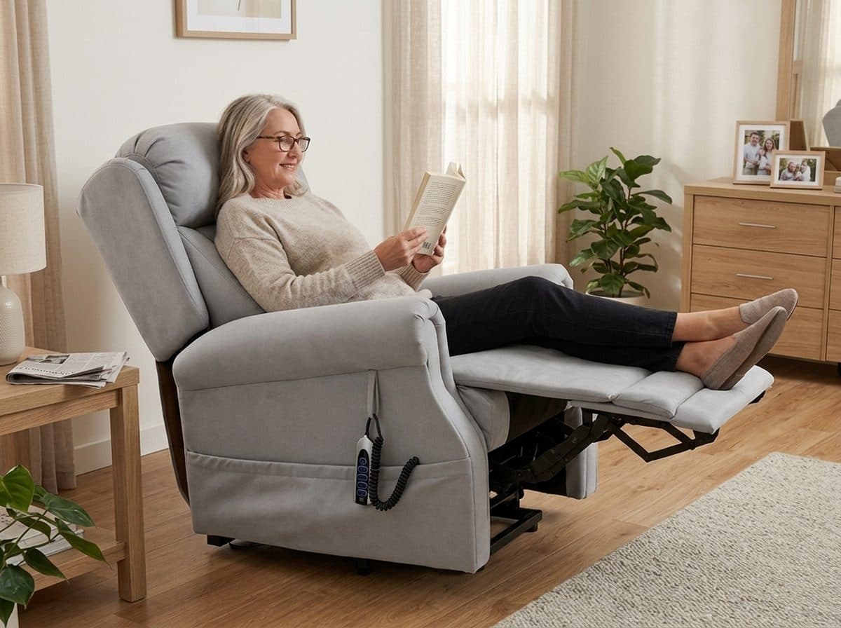 Woman relaxing in a Sophie Embrace lift recliner with the footrest raised