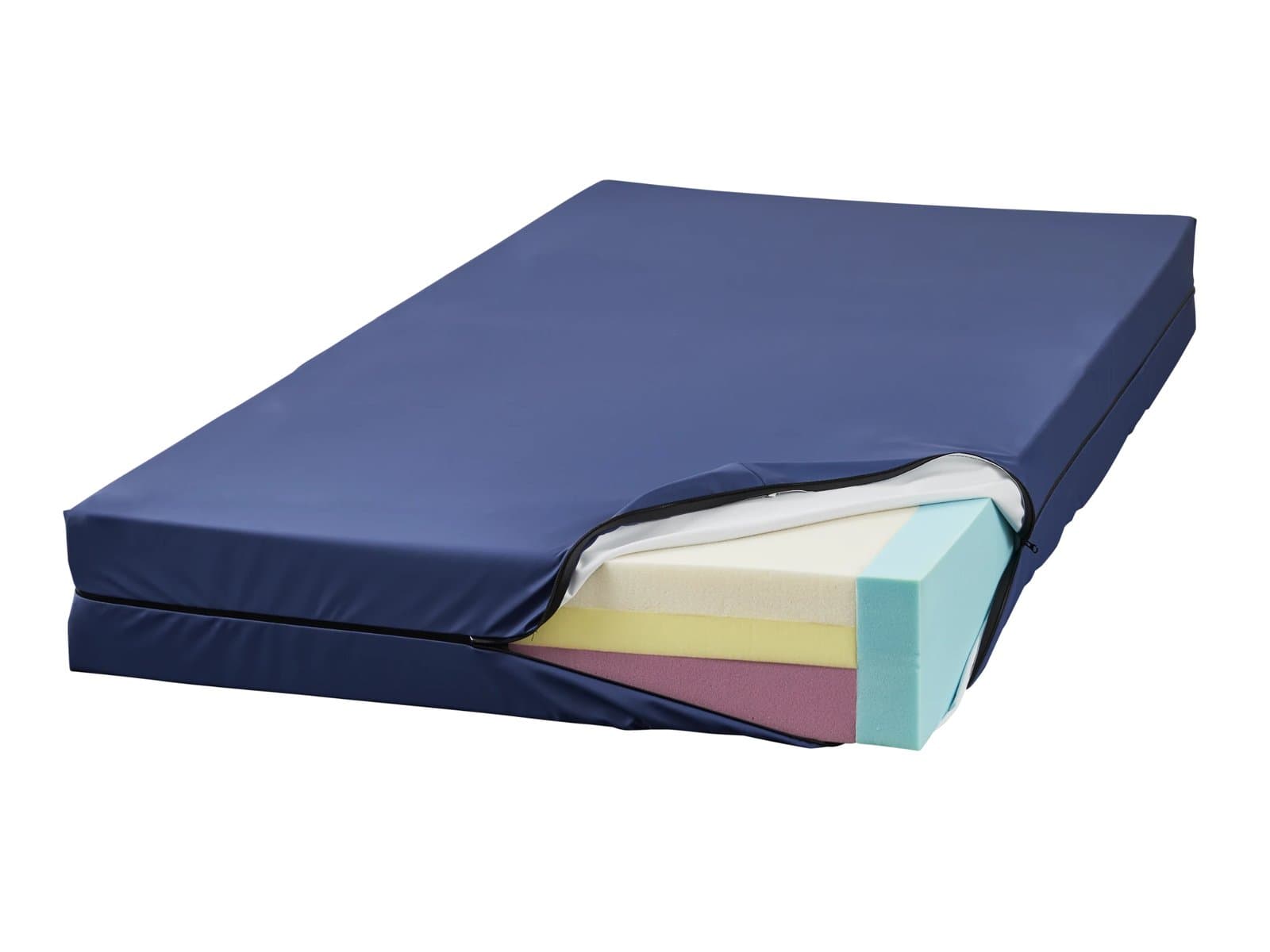 Sophie Maxx mattress in a navy cover, unzipped at one corner to show the foam layers inside