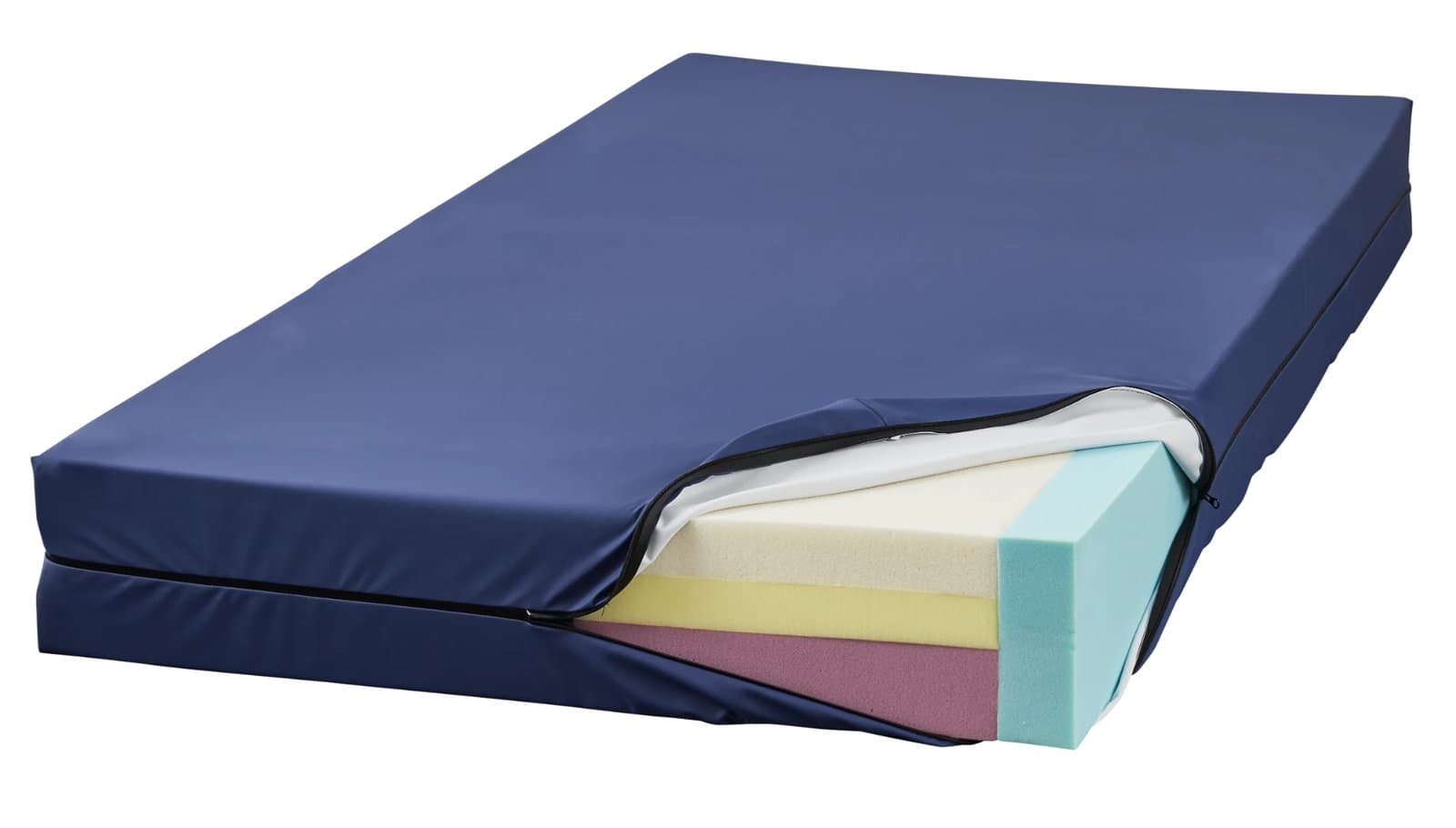 Sophie Maxx mattress in a navy cover, unzipped at one corner to show the foam layers and blue foam edge inside