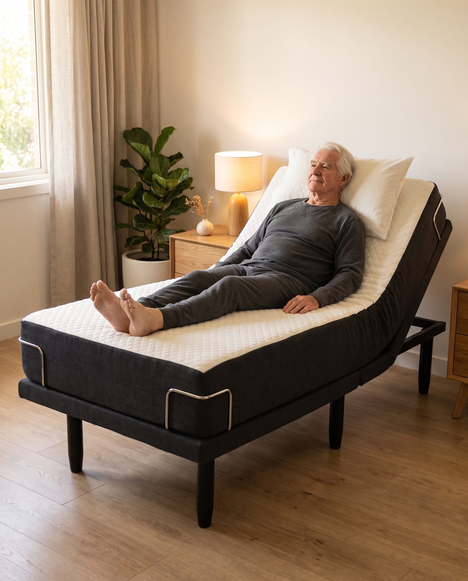 Older man resting on a Sophie adjustable bed with the head and legs raised