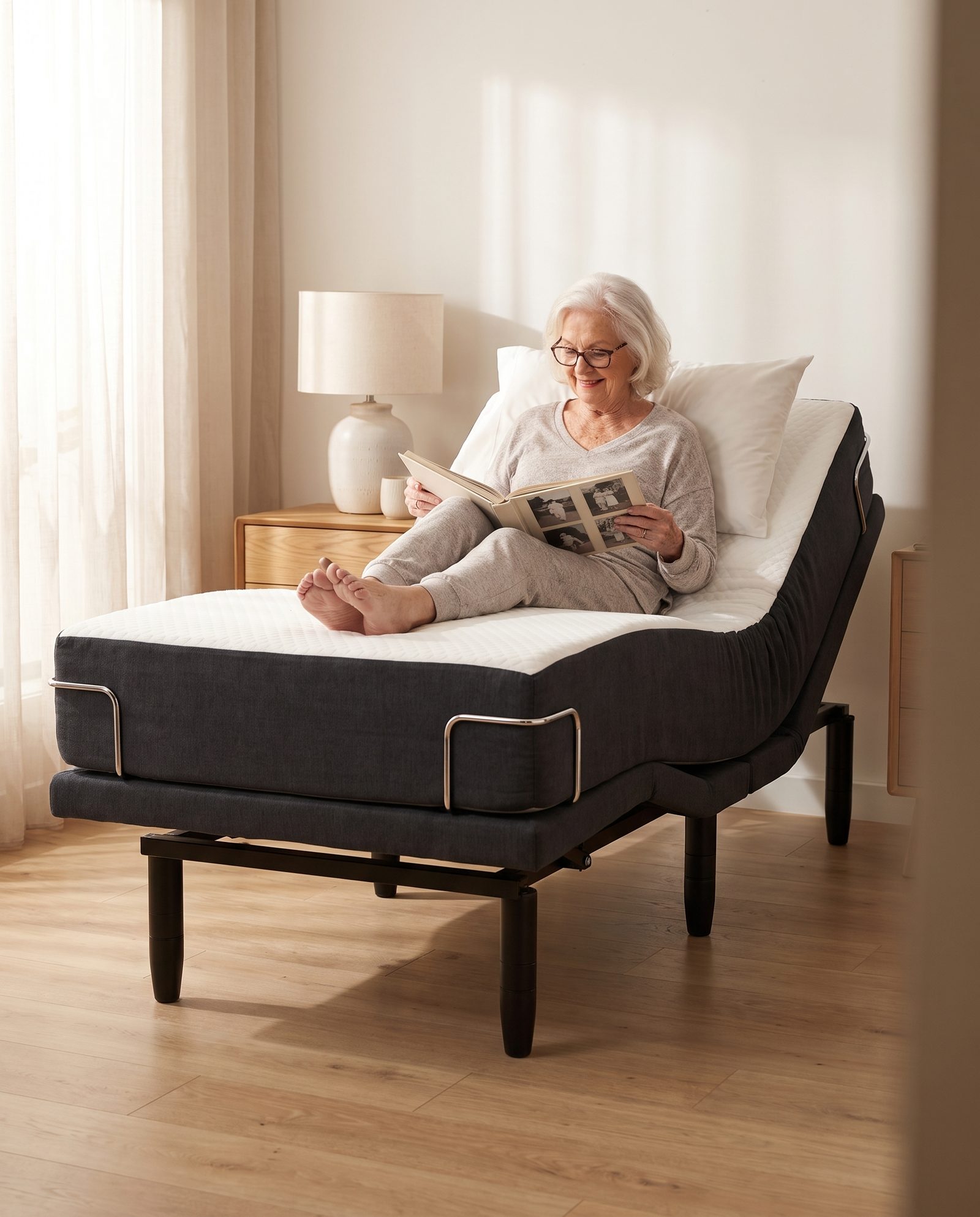 Older woman reading comfortably on a Sophie adjustable bed at home