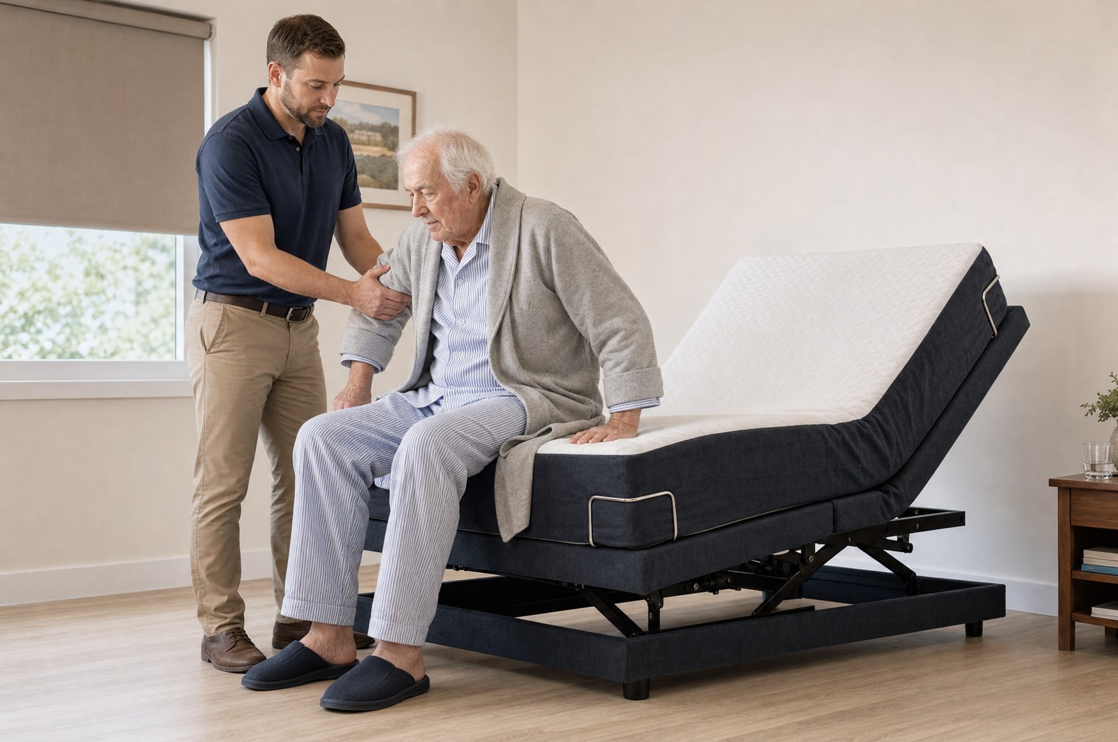 A carer steadying an older man at the edge of a Sophie HiLo Adjustable Bed, standing upright rather than bending
