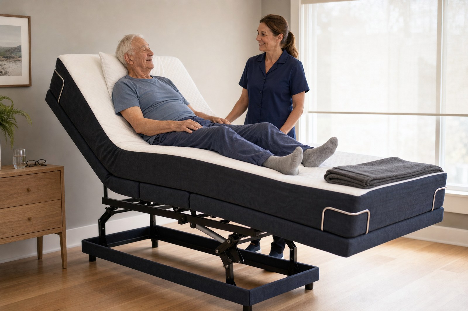 A carer standing upright beside a Sophie HiLo Adjustable Bed raised to working height in a Brisbane bedroom