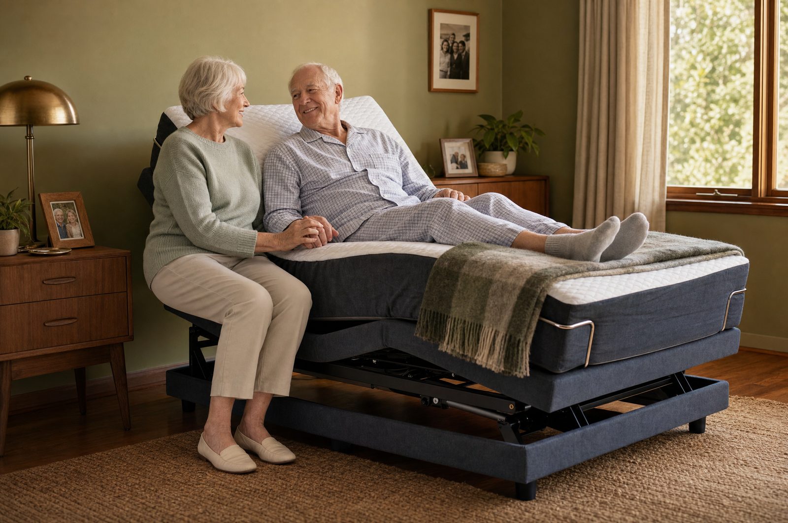 An older couple at home with a Sophie HiLo Adjustable Bed in a Darwin bedroom