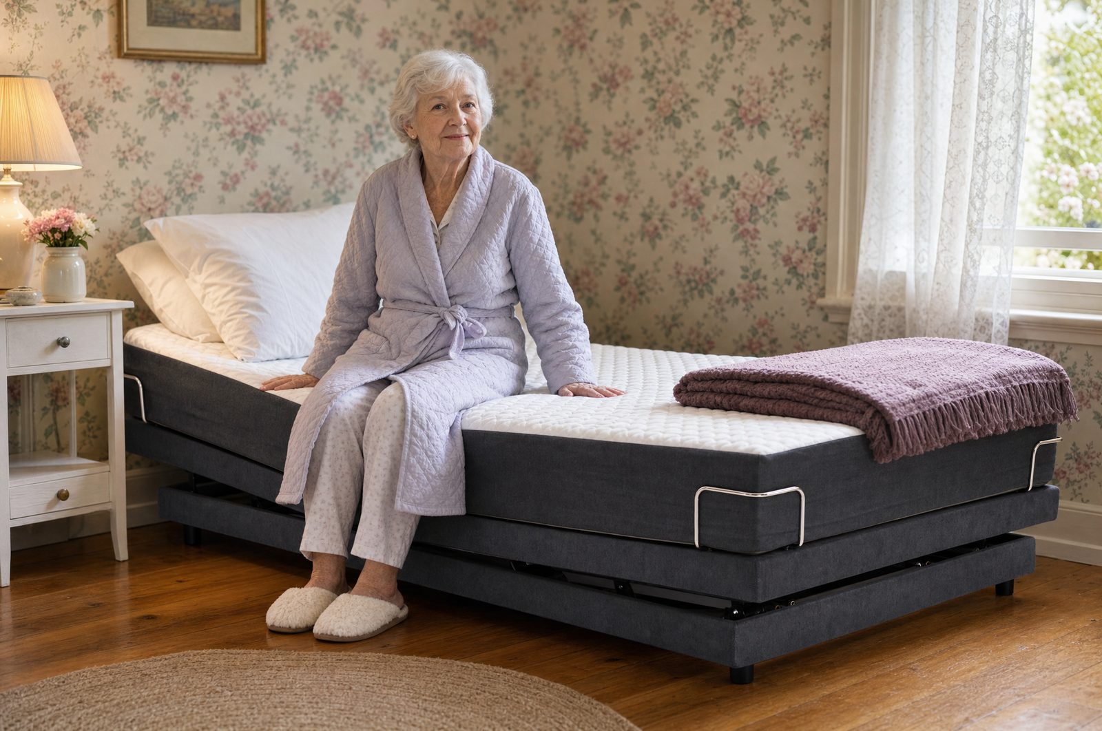A Sophie HiLo Adjustable Bed lowered to its safest height, with the user seated on the edge and both feet flat on the floor