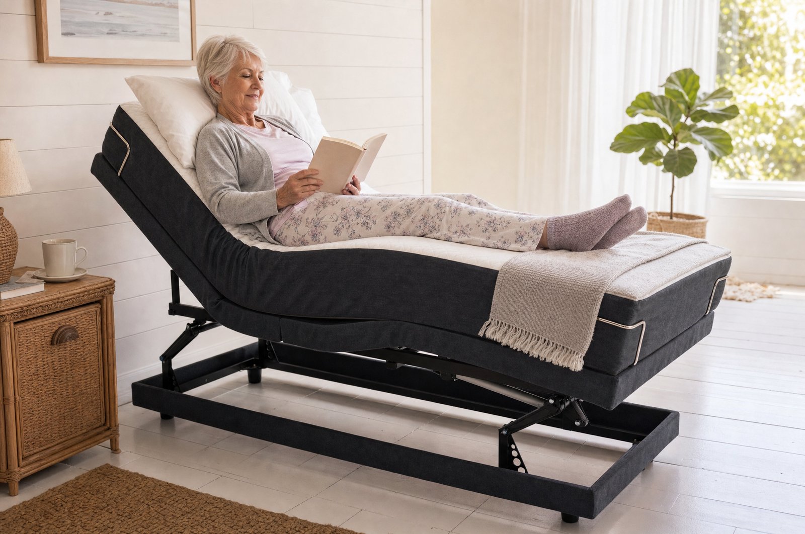 An older woman reading in bed on a Sophie HiLo Adjustable Bed in an Adelaide bedroom