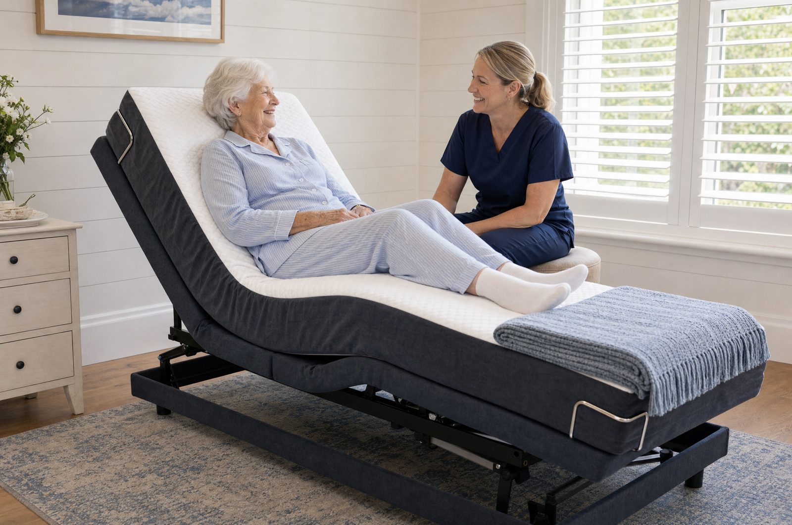 A community nurse visiting an older woman resting on a Sophie HiLo Adjustable Bed in a Canberra home