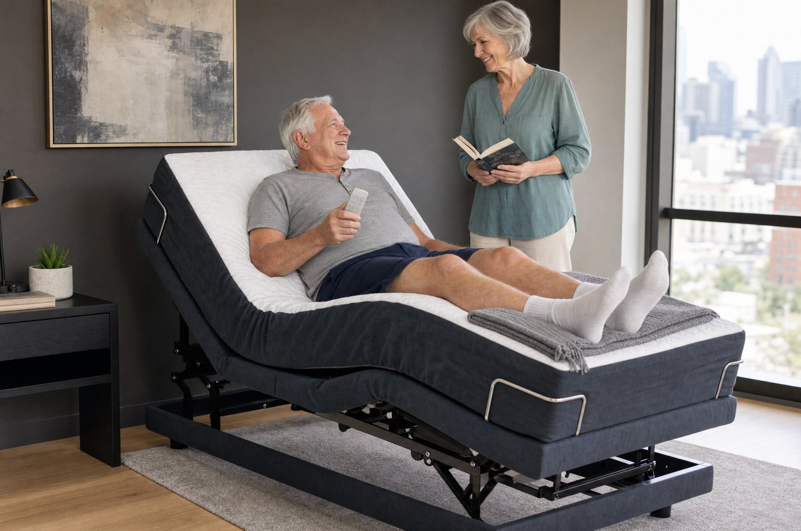 An older man adjusting his Sophie HiLo Adjustable Bed with the wireless remote in a Sydney apartment bedroom